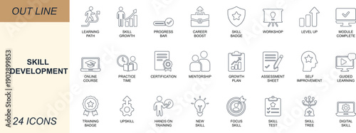 Skill development line icon set. Featuring training, growth, learning, upskill, course, badge, and practice tools. Ideal for UI, LMS, coaching apps, and career platforms.