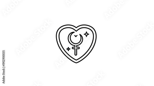 Black outline icon depicting a magical heart with crescent moon and female symbol perfect for