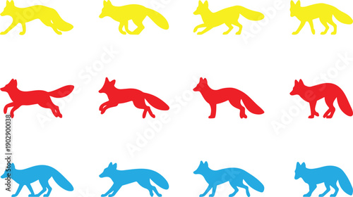 A collection of 12 black silhouette illustrations of foxes arranged in a 3x4 grid against a white background.