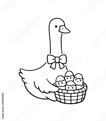 Duck carrying basket of decorated eggs in playful style  