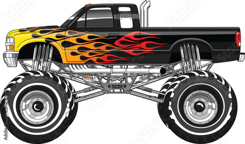 Powerful Monster Truck Vector Illustration with Racing Flames Design Isolated on White Background for Automotive Graphic Design and Off Road Enthusiasts