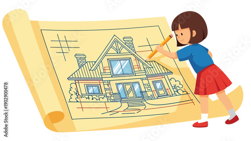 Child drawing a house blueprint with a pencil on a large scroll, architectural design concept, dream home planning illustration