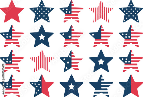 American patriotic star patterns illustration set featuring red blue stars with USA flag textures for independence celebration, decorative design, and