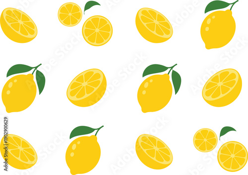 A flat, minimalist illustration pattern of lemons and lemon slices on a white background.