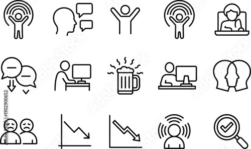 Minimal line social behavior and mental state icon set showing communication stress work alcohol decline isolation symbols design