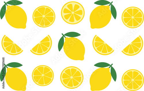 A flat, minimalist illustration pattern of lemons and lemon slices on a white background.