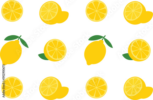 A flat, minimalist illustration pattern of lemons and lemon slices on a white background.