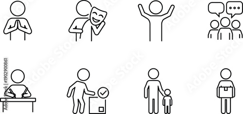 Minimal line icons representing communication, emotions, teamwork, education, family support, approval, conversation and human interaction in clean modern outline style