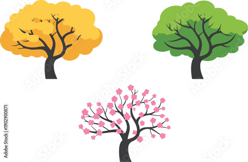 A vector illustration of three stylized trees in different seasons, arranged vertically.