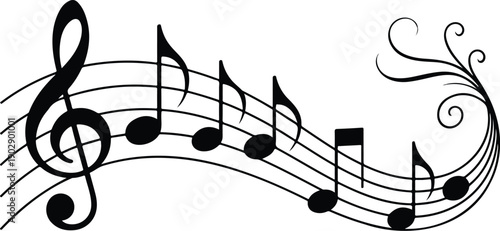 A black and white illustration of flowing musical notes on a curved staff line.