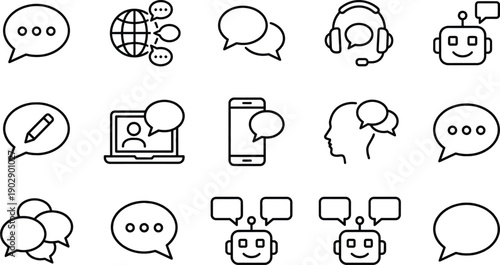 Minimal line communication and chatbot icon set featuring chat bubbles AI support messaging global conversation symbols for web app design