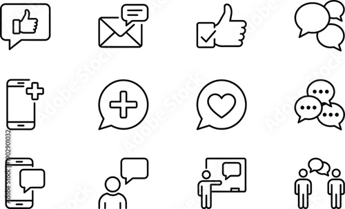 Minimal line communication and social interaction icon set featuring chat messaging likes email support teamwork symbols for web app design