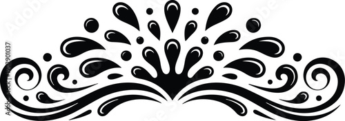 A black and white decorative vector design featuring a central crown-like splash pattern with droplets radiating outward.