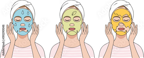 A minimalist illustration showing three side-by-side panels of a person applying skincare masks.