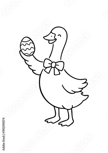 Cartoon duck holding decorated Easter egg with bow tie  