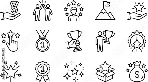 Minimal line achievement and success icon set featuring awards trophies stars medals rewards victory business motivation symbols design