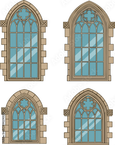 Gothic arched window illustration set featuring stone frames, tracery details, blue glass panes, and classic cathedral-style architectural window designs