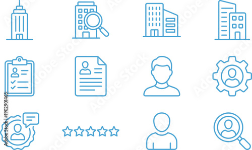 Minimal blue business and human resources icon set featuring office buildings employee profile recruitment rating management symbols design