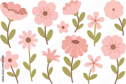 A collection of delicate pink flowers arranged on a white background. The flowers are drawn in a minimalist, hand-illustrated style with soft, rounded petals and brown centers.