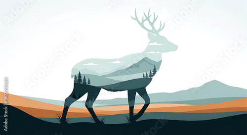 Surreal illustration of a majestic deer silhouette filled with a misty mountain landscape, embodying the spirit of wilderness and nature's beauty