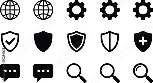 Minimal black user interface icon set featuring globe gear shield chat search symbols for web app security settings communication design