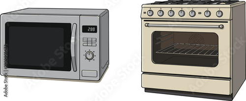 Microwave oven, conventional oven, kitchen appliances, cooking equipment, modern kitchen, home interior, food preparation, appliance comparison, culinary tools, domestic kitchen