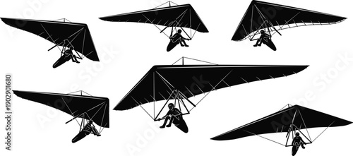 Hang glider silhouette set showing pilots in flight, extreme air sport and free flight aviation scenes isolated on white background vector illustration