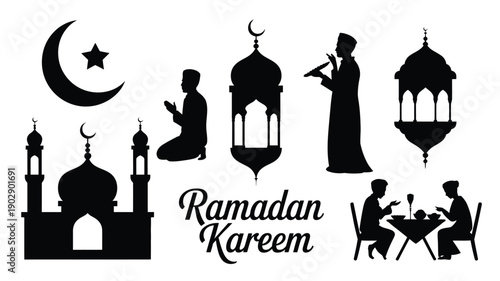 Ramadan kareem elegant black silhouettes collection with mosque lanterns and people celebrating