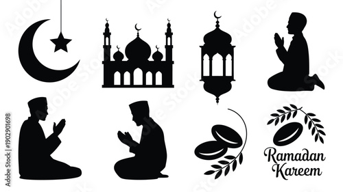 Elegant black silhouettes of ramadan kareem symbols and people praying with mosque lantern and dates on white background for islamic holy month