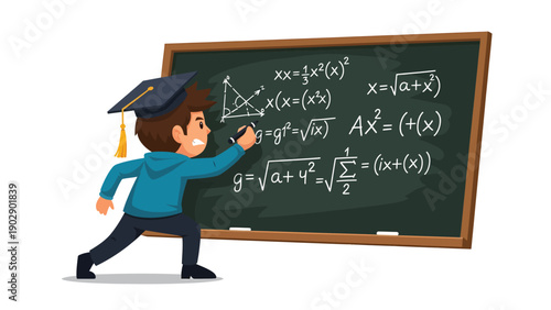 Cartoon Student in Graduation Cap Solving Complex Math Equations on Blackboard Illustration