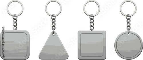 Metal keychain mockup set with square, triangle, rectangle, and round shapes, metallic blank keyring templates for branding design, merchandising