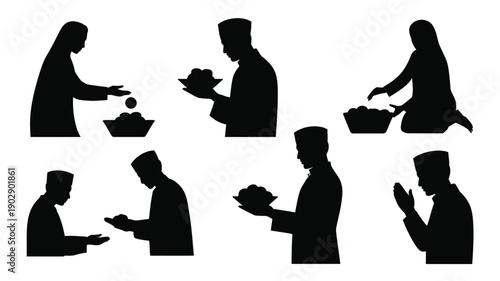 Collection of minimalist black silhouettes showing people in various acts of giving and receiving food conveying generosity and community