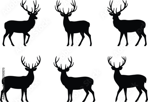 A set of six black silhouette illustrations of deer arranged in two rows of three.