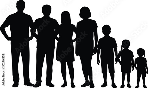A black and white silhouette illustration of a family group arranged in a descending height order from left to right.