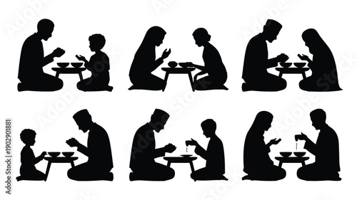Elegant black silhouettes of diverse families sharing meals together in various intimate settings with food and drinks