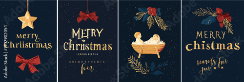 Merry Christmas greeting card set, nativity illustration, festive holiday design, red bow decorations, gold star, elegant typography, winter celebration background