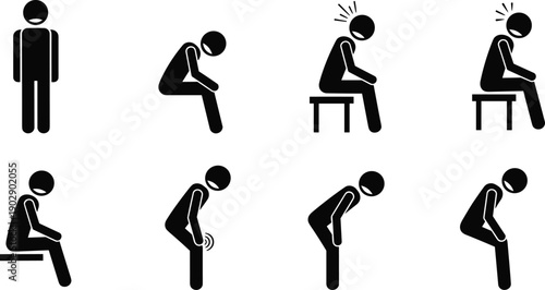 Human pain and fatigue silhouette icons showing tired posture, body ache, back pain, and discomfort positions illustrated in simple black vector style