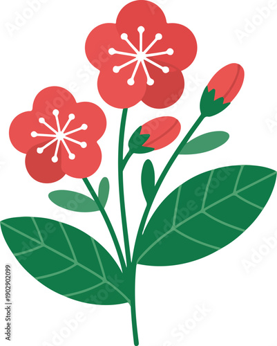 A simple vector illustration of a red flower plant with three fully bloomed flowers and one unopened bud.