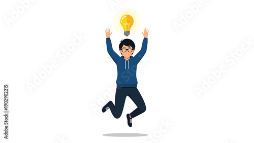 Excited man jumping with light bulb above head. Creative idea, inspiration, solution, and innovation concept illustration.