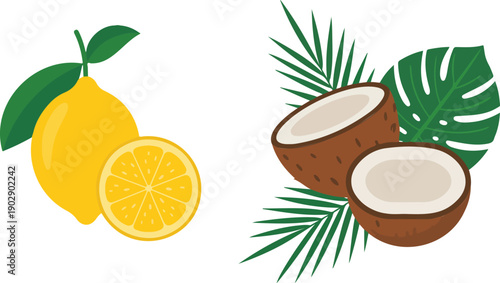 A flat, minimalist illustration of tropical fruits and foliage on a white background.