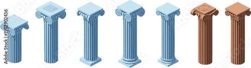 Isometric classical Greek columns set in blue and terracotta colors, architectural pillars collection for ancient architecture design and illustration