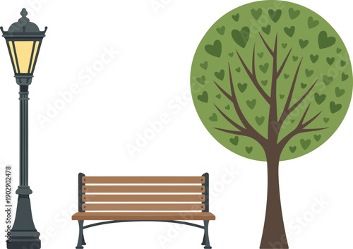 A minimalist illustration of a park scene with three main elements: a vintage-style black metal street lamp with a glowing yellow light bulb