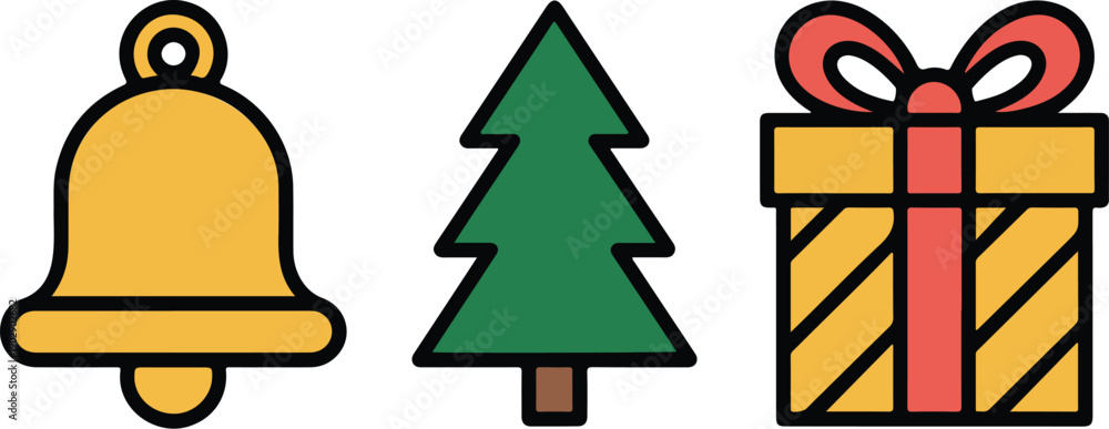 Naklejka premium A simple, flat design illustration of three classic Christmas icons arranged horizontally.