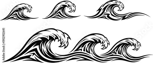 Tribal Wave Vector Illustration Set Featuring Bold Black and White Decorative Ocean Surfing Swirls and Stylized Sea Water Ripple Graphics