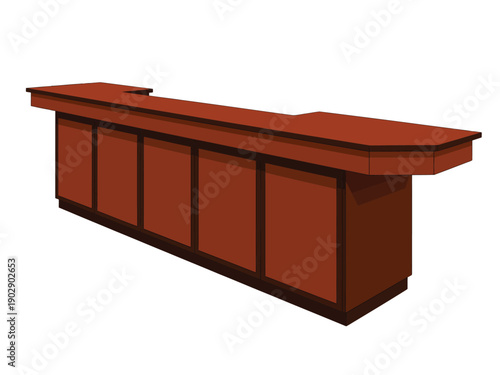 A 3D rendering of a long, red, wooden counter or bar