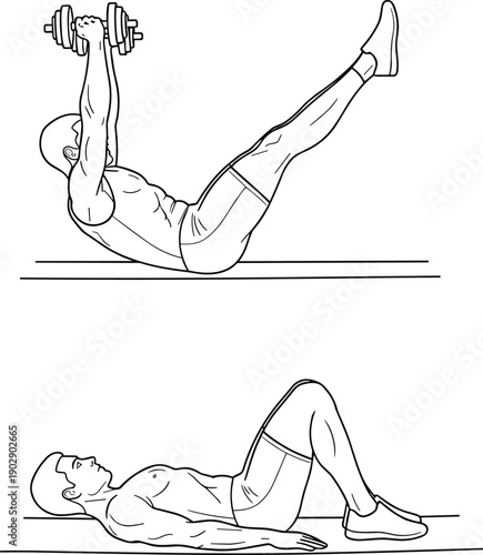 Man performing abdominal workout exercise with dumbbell, lying leg raise crunch variation, core strength training fitness illustration, gym workout guide