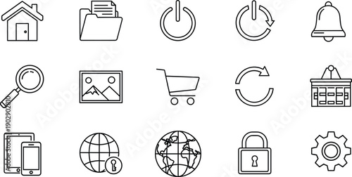 Minimal outline web and app interface icon set illustration with navigation, ecommerce, security and system symbols isolated