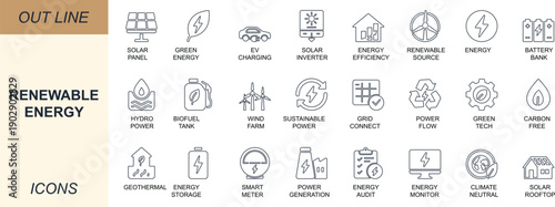 Renewable energy solid vector line icon set featuring solar, wind, hydro, battery, clean grid, EV charging, and eco power symbols. Ideal for UI, infographics, apps, and reports.