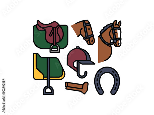 A colorful illustration of various horse riding equipment and accessories