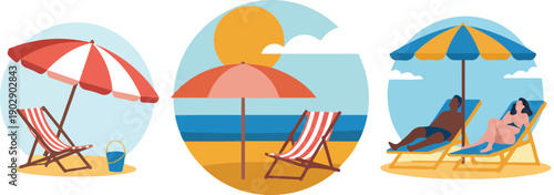 A flat, minimalist illustration of a beach scene divided into three circular panels.